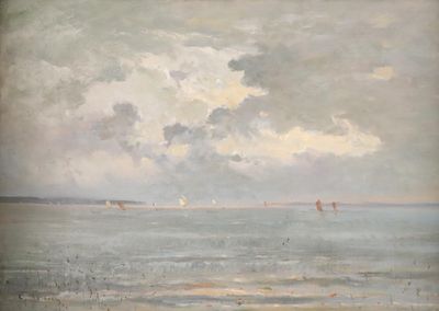 tableau représentant une vue de plage avec des voiliers au loin