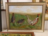 painting of three pheasants in a field of grass and a picture of a woman