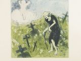 drawing of an old man with a cane in a field of flowers