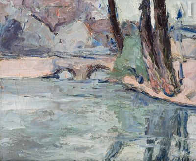 a painting of a river with trees in the water