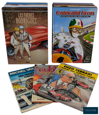 three books on a white background with a picture of a man on a motorcycle and a man on a motorcycle