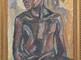 an oil painting of a man sitting in a chair in a room