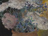 a painting of flowers in a vase on a table