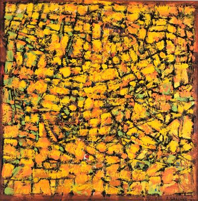 une peinture composée de peinture jaune et verte sur une surface marron