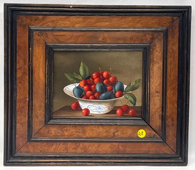 une peinture à l'huile représentant un bol de cerises posé sur une table