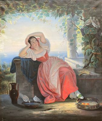 une peinture à l'huile représentant une femme en robe rouge assise sur un rebord