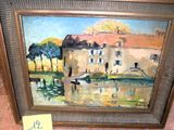 une image d'une peinture d'une maison au bord de l'eau