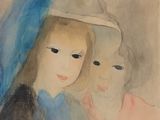 tableau représentant deux femmes portant des voiles bleus et un chapeau blanc