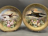two decorative plates with birds painted on them sitting on a table