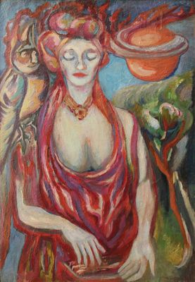 une peinture à l'huile représentant une femme avec un oiseau sur l'épaule