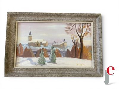 tableau représentant un paysage enneigé avec une église au loin et des arbres au premier plan