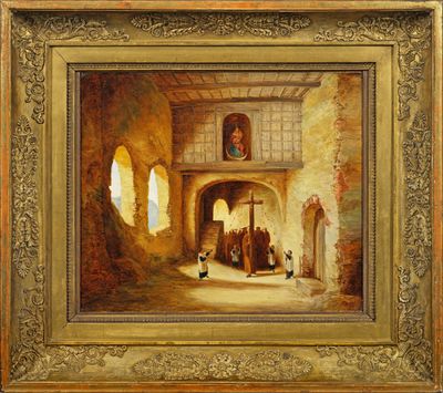 un tableau représentant un vieux bâtiment dans lequel des gens se promènent