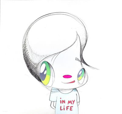 dessin de bande dessinée représentant une fille aux yeux verts portant un t-shirt sur lequel est inscrit « in my life »