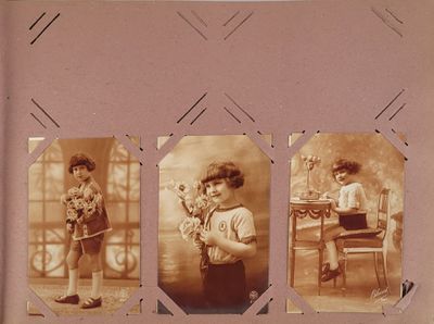 three sepia photograph of a little boy playing with a toy