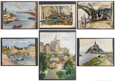 Lot de six peintures sur papier.