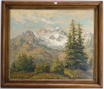 un tableau représentant un paysage de montagne avec des pins et des montagnes en arrière-plan