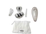 an image of a set of beauty equipment including a hair dryer, brush, and a bag