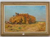une peinture à l'huile représentant une scène de ferme avec des balles de foin et des chevaux