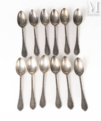 six cuillères en argent sont disposées en ligne sur une surface blanche