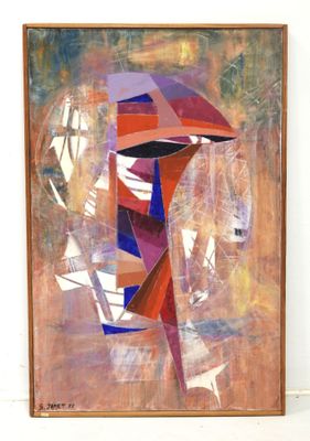 abstract painting of a man with a red hat and a blue and red umbrella