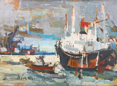 a painting of a boat in the water with other boats in the water