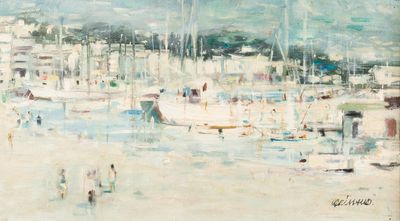 a painting of boats in a harbor with people on the shore