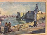 an oil painting of people standing on a pier near a body of water