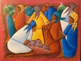 an oil painting of a group of people standing around a basket