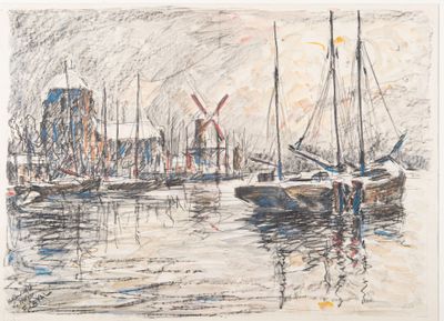 drawing of boats in a harbor with a windmill in the background