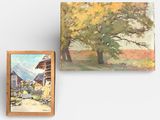 Deux tableaux représentant un arbre et une grange sont accrochés au mur.