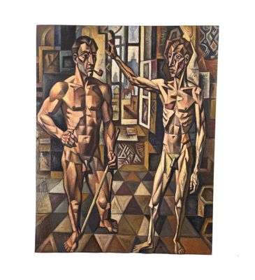 un tableau représentant deux hommes debout l'un à côté de l'autre