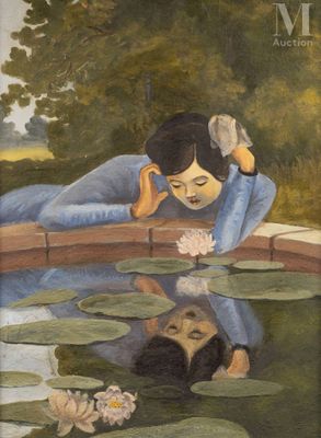 une peinture à l'huile représentant une femme allongée sur un pont au-dessus d'un étang
