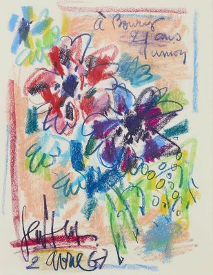 dessin représentant un bouquet de fleurs sur lequel figure une citation