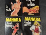 four books on a table with a woman in a red dress