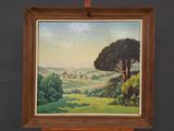 an oil painting of a landscape with trees and a church