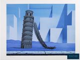 a painting of a leaning tower in the middle of a desert