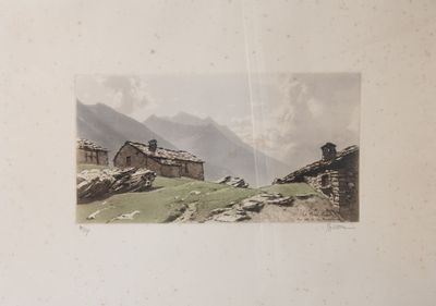 a picture of a picture of a house in the mountains