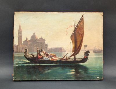 painting of a gondola with people in a gondola on the water
