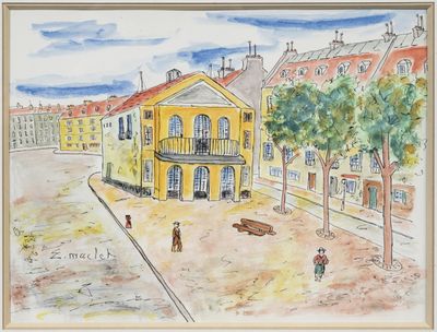 une aquarelle représentant une scène de rue avec des bâtiments