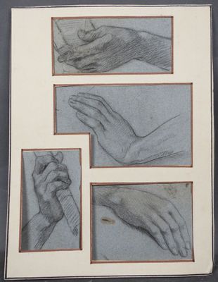 quatre vues différentes d'un dessin représentant une main, avec quatre mains différentes