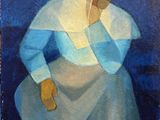 une peinture à l'huile représentant une femme en robe bleue assise par terre