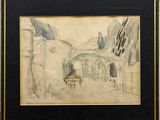 drawing of a courtyard with a fountain and a building in the background