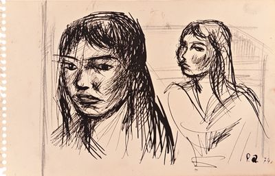 drawing of a woman and a man looking at each other in front of a window