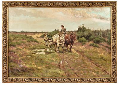 une image représentant un tableau où l'on voit un homme labourant un champ avec deux bœufs