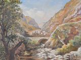 une peinture à l'huile représentant une rivière qui traverse une vallée, avec des montagnes en arrière-plan