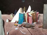 une peinture représentant un livre et une peluche posés par terre