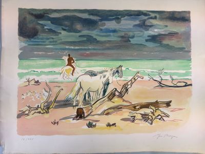 un tableau représentant une femme à cheval sur la plage