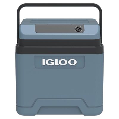 a blue and black igloo cooler sitting on top of a white background