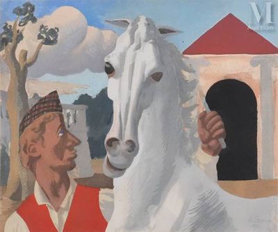 a painting of a man standing next to a white horse