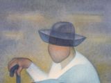 a painting of a man wearing a hat and holding a cane